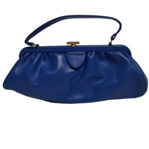 VINTAGE 70s royal‎ blue faux leather vegan kiss lock shoulder bag purse